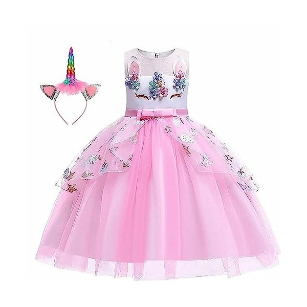 Robe Licorne Enfant de Princesse, avec Bandeau Cosplay pour Le Mariage et Les Parties 3-4 Ans, 104 cm 