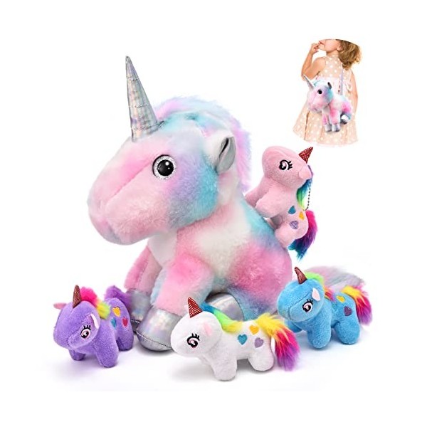 Tacobear Peluche Licorne Jouet pour Fille Peluche Maman Licorne avec 4 bébés Licorne Peluche Cheval Licorne Jouet Anniversair