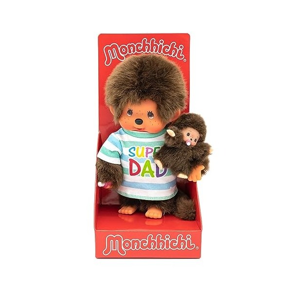 Sekiguchi Monkey 220960-Original Monchhichi garçon, Figurine Papa avec Enfant, Super Dad, denviron 20 cm en Peluche Brune, 2