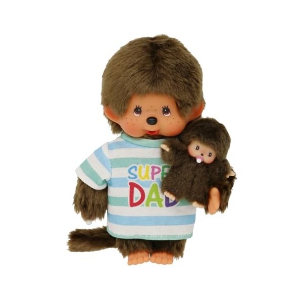 Sekiguchi Monkey 220960-Original Monchhichi garçon, Figurine Papa avec Enfant, Super Dad, denviron 20 cm en Peluche Brune, 2