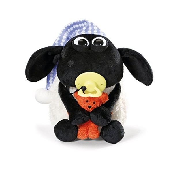 Nici Shaun le mouton - Doudou Timmy avec petit ours, tétine et bonnet de nuit - 25 cm - Blanc/noir