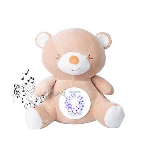 HuBorns - Peluche Bruit Blanc Bebe et Veilleuse Musicale et Lumineuse, Jouet Bébé Projecteur avec 15 Berceuses pour Dormir, C