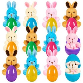 Whaline Lot de 24 œufs de Pâques colorés avec lapin en peluche - Remplis de lapin en peluche - Cadeau de Pâques pour enfants,