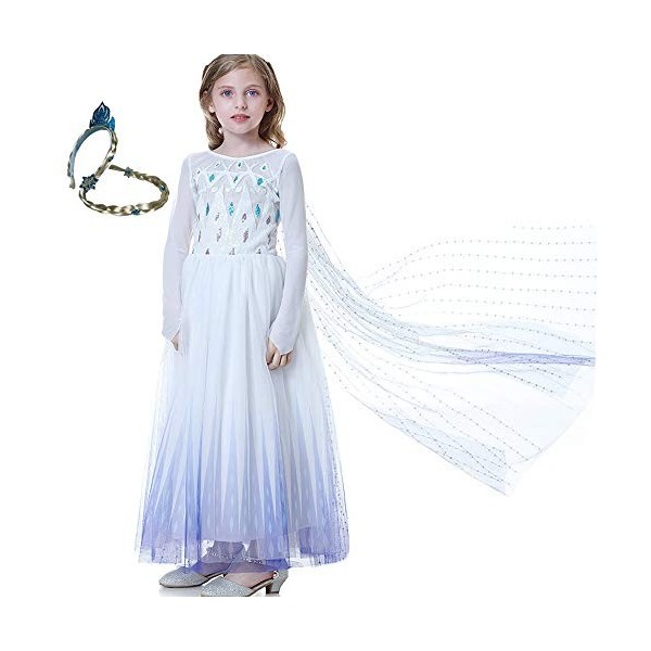 Elsa 2 Robe reine des neiges en maille avec manches longues, costume pour enfant, blanc - Blanc - 7 ans