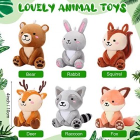 6 Pcs Mini Animaux des Bois en Peluche Jouets Animaux en Peluche de Jungle en Vrac 10 cm Ours Lapin Écureuil Raton Laveur en 
