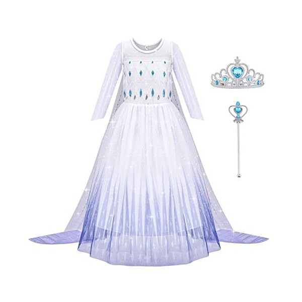 Aomig Elsa Costume, Fille Robe de Princesse Elsa Anna avec Baguette et Couronne, Déguisement de Cape Brillante de Luxe pour F