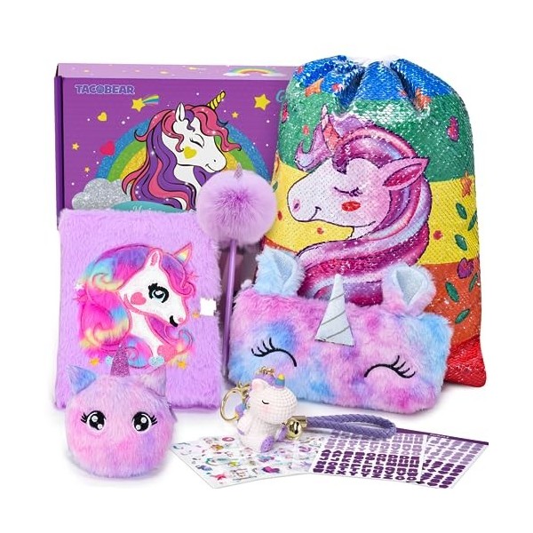 Tacobear Journal Intime Fille Cadeau Licorne Fille 6 7 8 9 10 11 12 Ans, Journal Licorne en Peluche avec Cadenas Trousse Lico