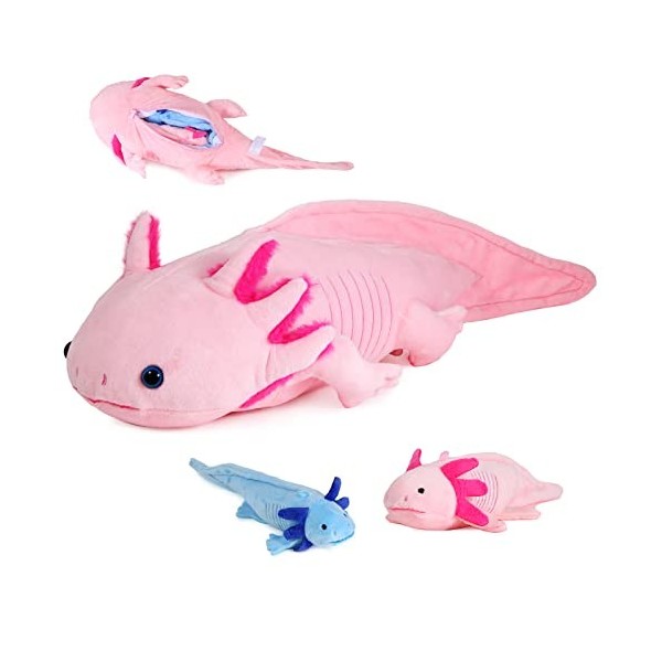 lilizzhoumax Peluche Axolotl avec 2 Petits Axolotl, Simulation Jouet en Peluche Axolotl Poupée, Ensemble de Jeu de 3 Fermetur