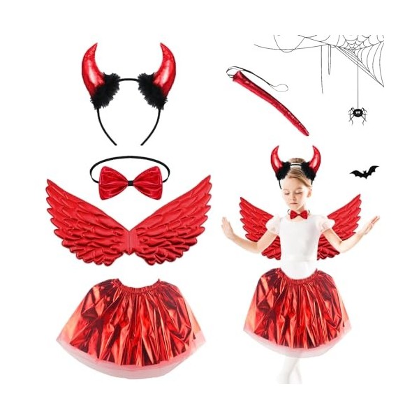 IWTBNOA Costume de diable pour enfant - Lot de 5 ailes de diable avec serre-tête corne de diable, queue, jupe tutu, nœud papi