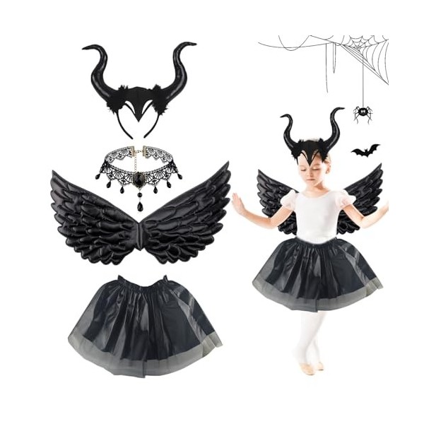 IWTBNOA Costume de diable pour enfant - Lot de 5 ailes de diable avec serre-tête corne de diable, queue, jupe tutu, nœud papi