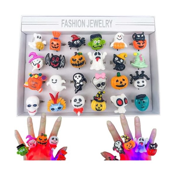 IWTBNOA Halloween Clignotant LED Light Up Anneaux, 24 Pièces Bagues Halloween pour Enfants, Anneaux LED Clignotants, LED Hall