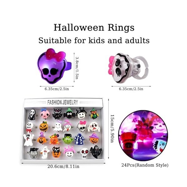 IWTBNOA Halloween Clignotant LED Light Up Anneaux, 24 Pièces Bagues Halloween pour Enfants, Anneaux LED Clignotants, LED Hall