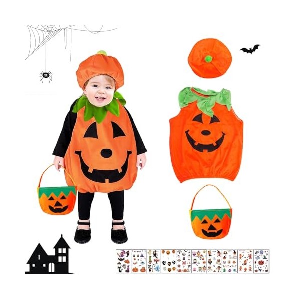 IWTBNOA Costume de citrouille pour enfant - Costume de citrouille pour bébé - Costume dHalloween avec chapeaux et sac de cit