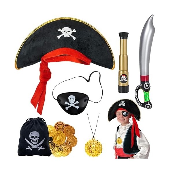 LUKIUP 7 Pièces Déguisement de Pirate Enfants Accessoires Kit, Pirate Costume Enfant avec Chapeau Cache-Oeil Télescope Coutea