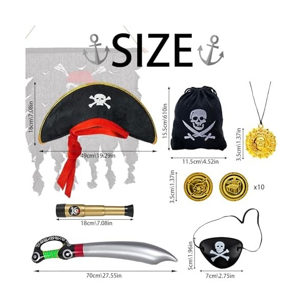 LUKIUP 7 Pièces Déguisement de Pirate Enfants Accessoires Kit, Pirate Costume Enfant avec Chapeau Cache-Oeil Télescope Coutea