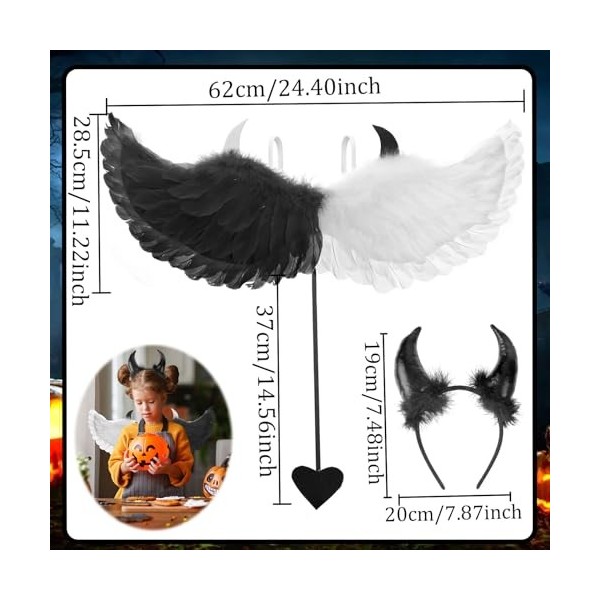 Costume dailes dange noir et blanc avec corne de diable, ailes dange, ailes dange, ailes dange, décoration pour Hallowee