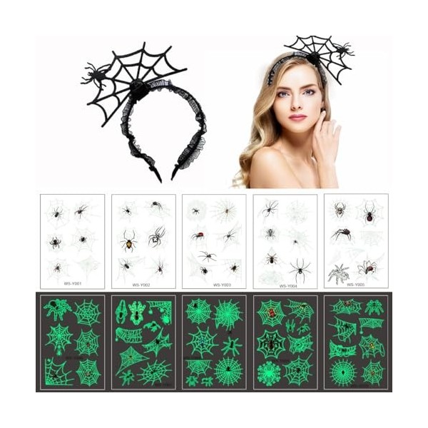 Lot de 10 feuilles daccessoires dHalloween - Tatouage daraignée et bandeau noir avec toile daraignée - Tatouages dHallow