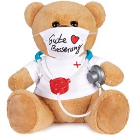BRUBAKER Ours en Peluche avec Masque Chirurgical et Stéthoscope - Gute Besserung Allemand - 35 cm - Teddy Bear avec Chemise d