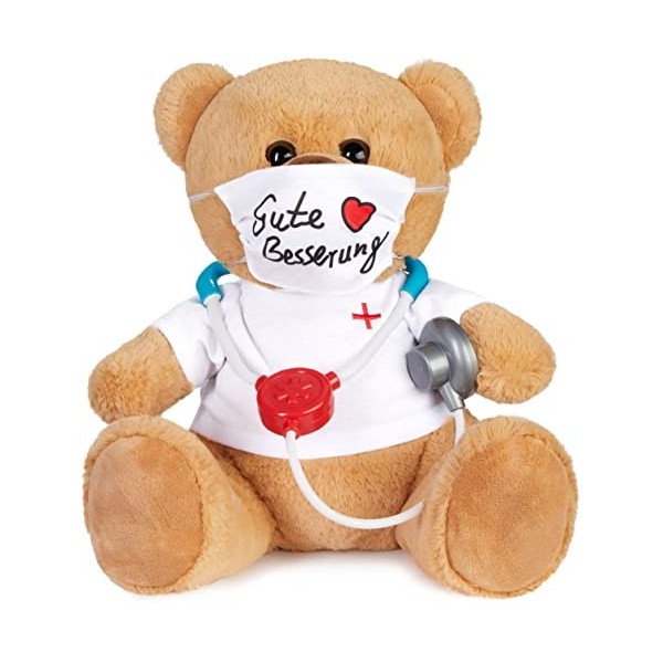 BRUBAKER Ours en Peluche avec Masque Chirurgical et Stéthoscope - Gute Besserung Allemand - 35 cm - Teddy Bear avec Chemise d
