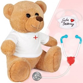 BRUBAKER Ours en Peluche avec Masque Chirurgical et Stéthoscope - Gute Besserung Allemand - 35 cm - Teddy Bear avec Chemise d