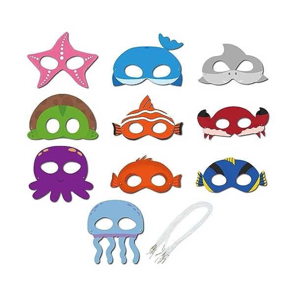 AriOu Masques Danimaux Marins 10 Pièces Masques en Danimaux de lOcéan Masques Danimaux Marins avec Corde Élastique pour F