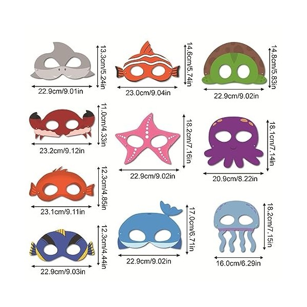 AriOu Masques Danimaux Marins 10 Pièces Masques en Danimaux de lOcéan Masques Danimaux Marins avec Corde Élastique pour F