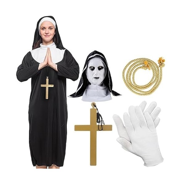 Boyigog Ensemble de costume de nonne pour Halloween - Robe fantaisie - Accessoires inclus - Nonne - Tête de tête - Croix - Au