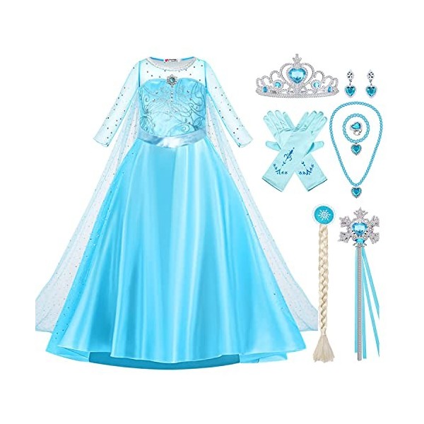 Beejim Costume de princesse bleue Elsa Costume de personnage avec couronne Baguette magique Fête danniversaire 150 