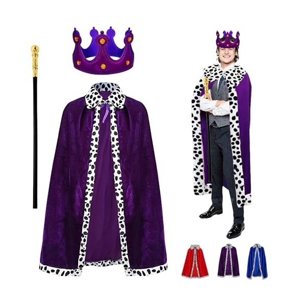 YOUYIKE 3 Costumes de Roi pour Adulte, Manteau Royal Violet, Couronne Roi  Reine, Sceptre, Déguisement Prince, Costume Médiéva
