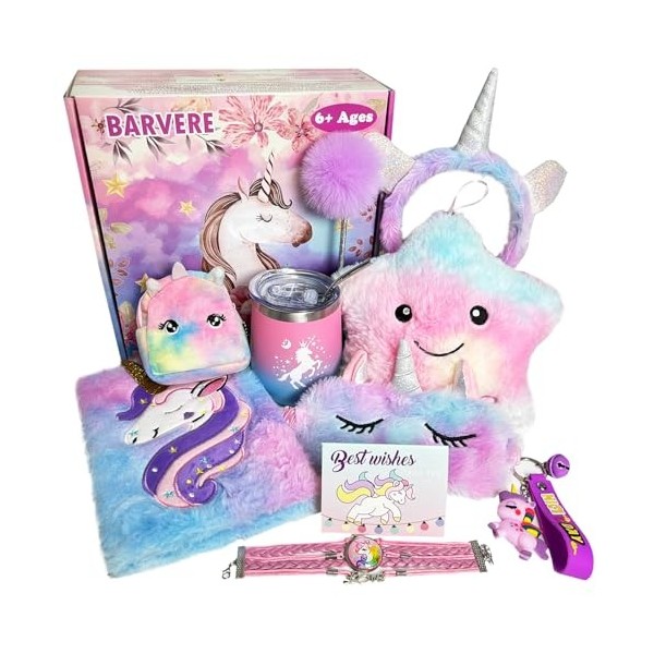 BARVERE Peluch Licorne Cadeau Fille, Jouet Mignon Licorne pour Enfants de 3-12 Ans, Ensemble de Jouets Fille avec Masque pour