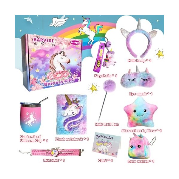 BARVERE Peluch Licorne Cadeau Fille, Jouet Mignon Licorne pour Enfants de 3-12 Ans, Ensemble de Jouets Fille avec Masque pour