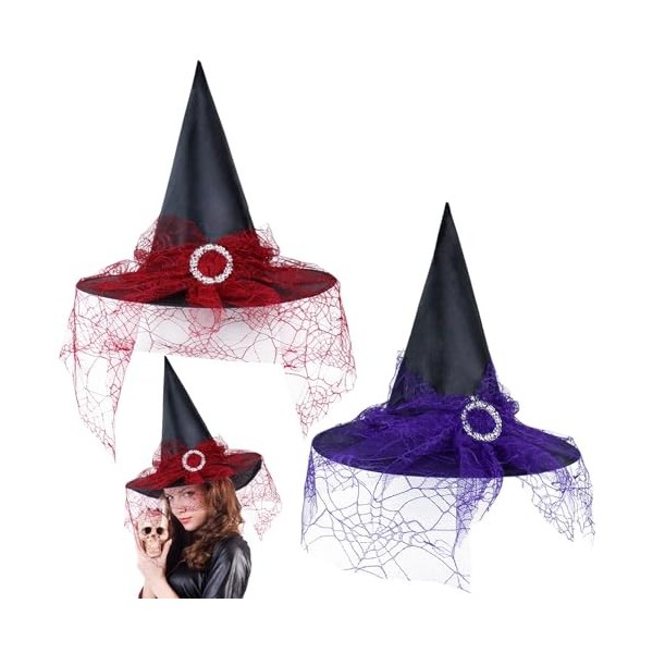 INHEMING Chapeau de sorcière dHalloween avec voile en dentelle, chapeau de sorcière noir pour femme et femme, accessoire de 