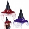 INHEMING Chapeau de sorcière dHalloween avec voile en dentelle, chapeau de sorcière noir pour femme et femme, accessoire de 