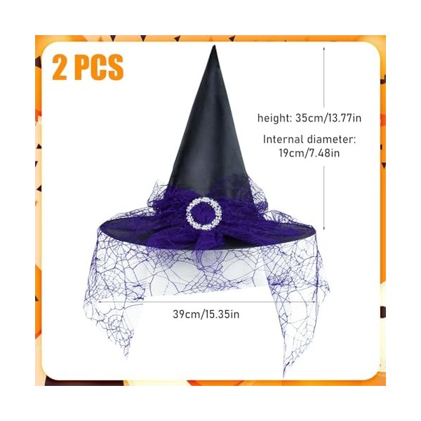 INHEMING Chapeau de sorcière dHalloween avec voile en dentelle, chapeau de sorcière noir pour femme et femme, accessoire de 