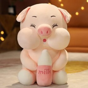 35cm-70cm Joli Gros Cochon avec Bouteille de Lait en Peluche Jouets Kawaii Animal Poupée en Peluche Doux Animal Piggy Oreille