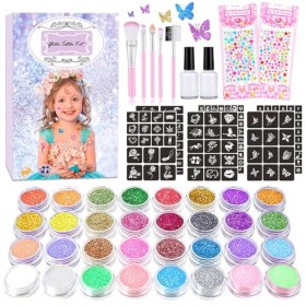 Kit Tatouage Paillettes Enfant Fille, Tatouage Ephemere Enfant, 30 Couleurs, 190 Pochoirs, 215 Strass sur Le Visage, non Toxi