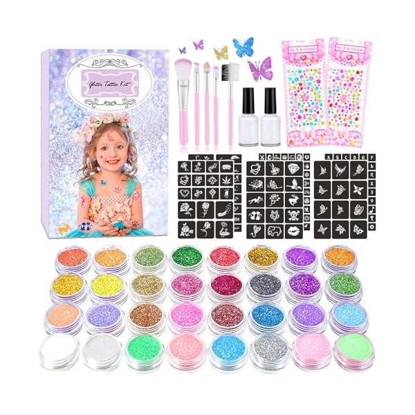 Kit Tatouage Paillettes Enfant Fille, Tatouage Ephemere Enfant, 30 Couleurs, 190 Pochoirs, 215 Strass sur Le Visage, non Toxi