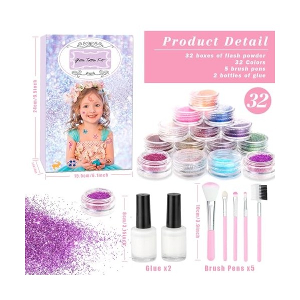 Kit Tatouage Paillettes Enfant Fille, Tatouage Ephemere Enfant, 30 Couleurs, 190 Pochoirs, 215 Strass sur Le Visage, non Toxi