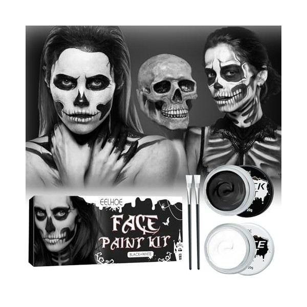 IWTBNOA Peinture de Visage pour Halloween, Noir Blanc Visage Peinture Corps, Peinture Visage Corporelle Noir et Blanc, Maquil