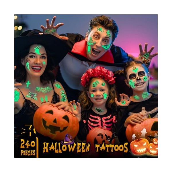 Halloween Tatouages Temporaire, Tatouage Halloween Enfant 20 Feuilles Cicatrices Tatouages Lumineux Tatouage Autocollant pour