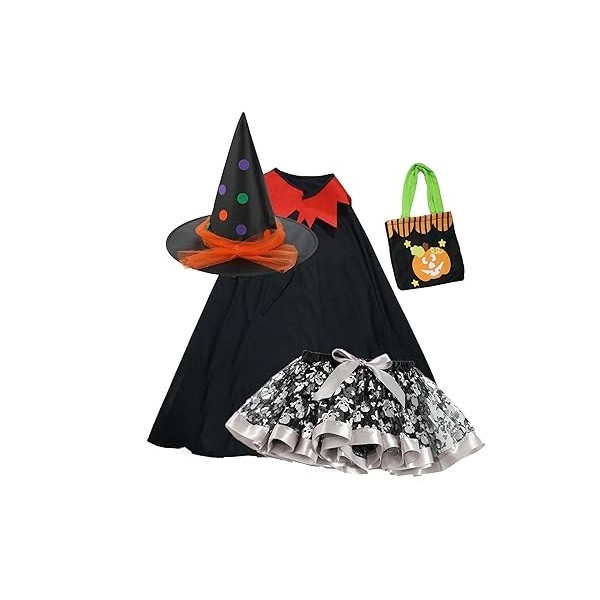 KorrbO Costume de sorcière pour Halloween pour fille, 4 pièces, cape + jupe en tulle tutu + chapeau sorcière + sac de carnava