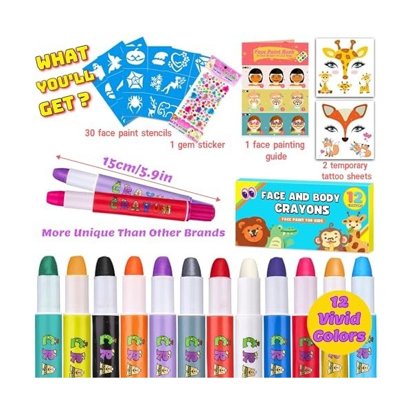 Chennyfun Peinture Visage des Crayons, 12 Couleurs Crayons Maquillage Enfant, Non-Toxique et Lavable Maquillage Enfant, pour 