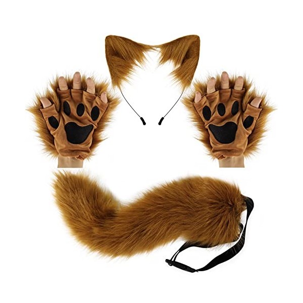 Wolf Fuchs Schwanz Clip Ohren und Handschuhe Set Halloween Weihnachten Fancy Party Kostüm Spielzeug Geschenk für Kinder oder 