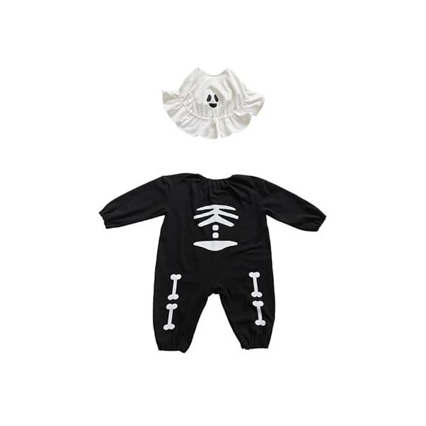 KorrbO Costume squelette pour Halloween pour bébé 2 pièces Combinaison complète + chapeau cape fantôme Halloween carnaval enf