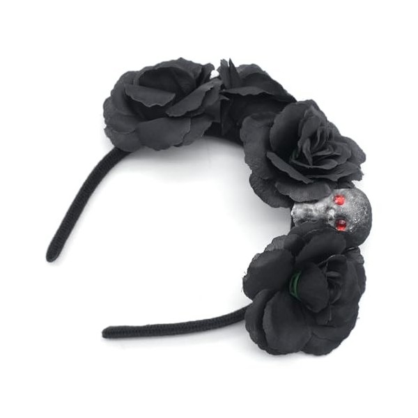 TULEBOLIAN Bandeau à cheveux dHalloween avec tête de mort et rose noire pour adultes, couronne de fleurs mortes, accessoires