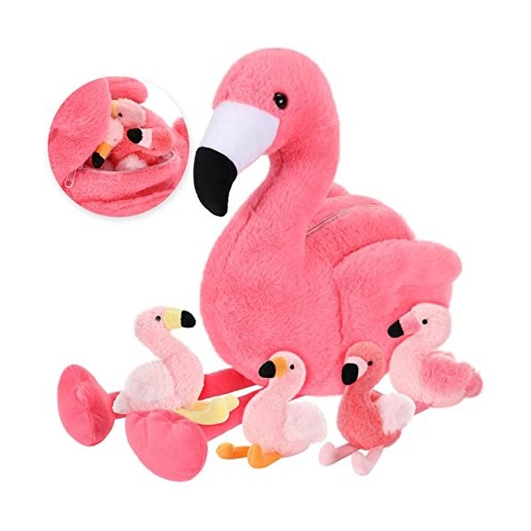 Skylety 18 Pouces Animal de Flamant Rose en Peluche avec 4 Jouets de Bébé Flamant Rose en Peluche à Intérieur Jouet de Maman 