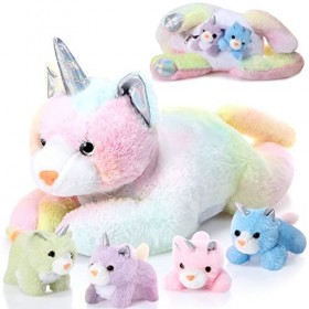 Zomiboo 5 Pièces Set de Jouet Caticorne en Peluche 1 Animal de Maman Chat Licorne en Peluche avec 4 Bébés Chatons en Peluche 