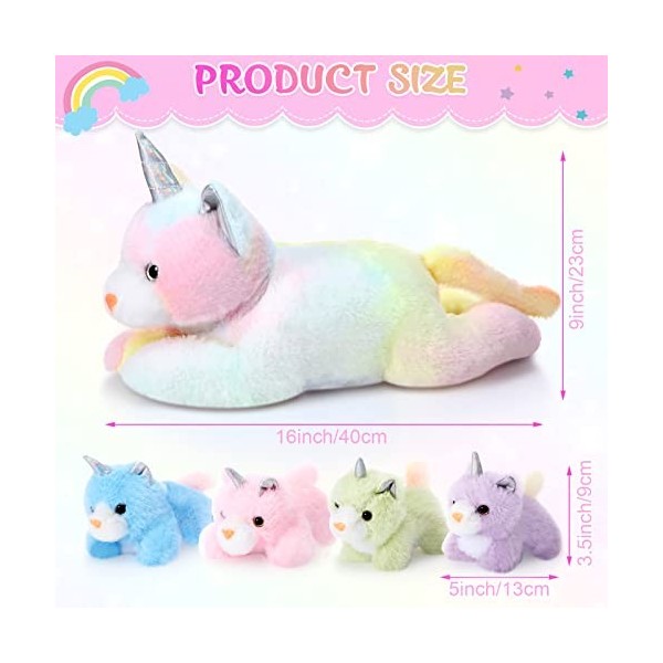 Zomiboo 5 Pièces Set de Jouet Caticorne en Peluche 1 Animal de Maman Chat Licorne en Peluche avec 4 Bébés Chatons en Peluche 