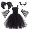 IBAKOM Enfants Filles Costume Sorcière Cosplay Halloween Carnaval Déguisements Corne Bandeau Plume Ailes Tenues Ensemble Noir