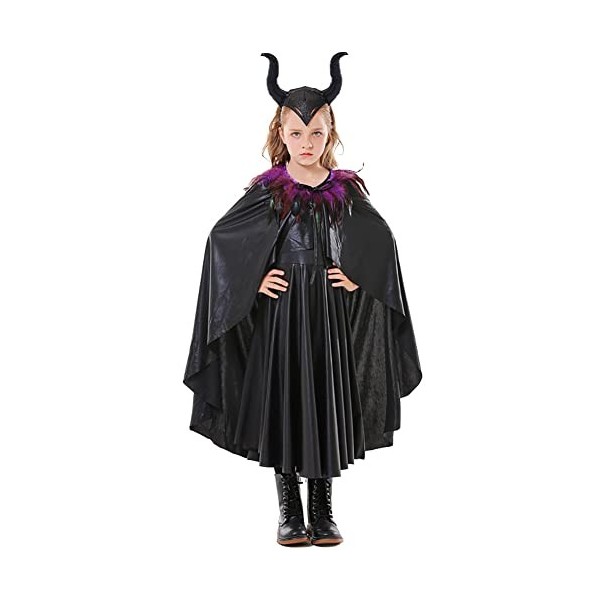 IBAKOM Enfants Filles Costume Sorcière Cosplay Halloween Carnaval Déguisements Corne Bandeau Plume Ailes Tenues Ensemble Noir